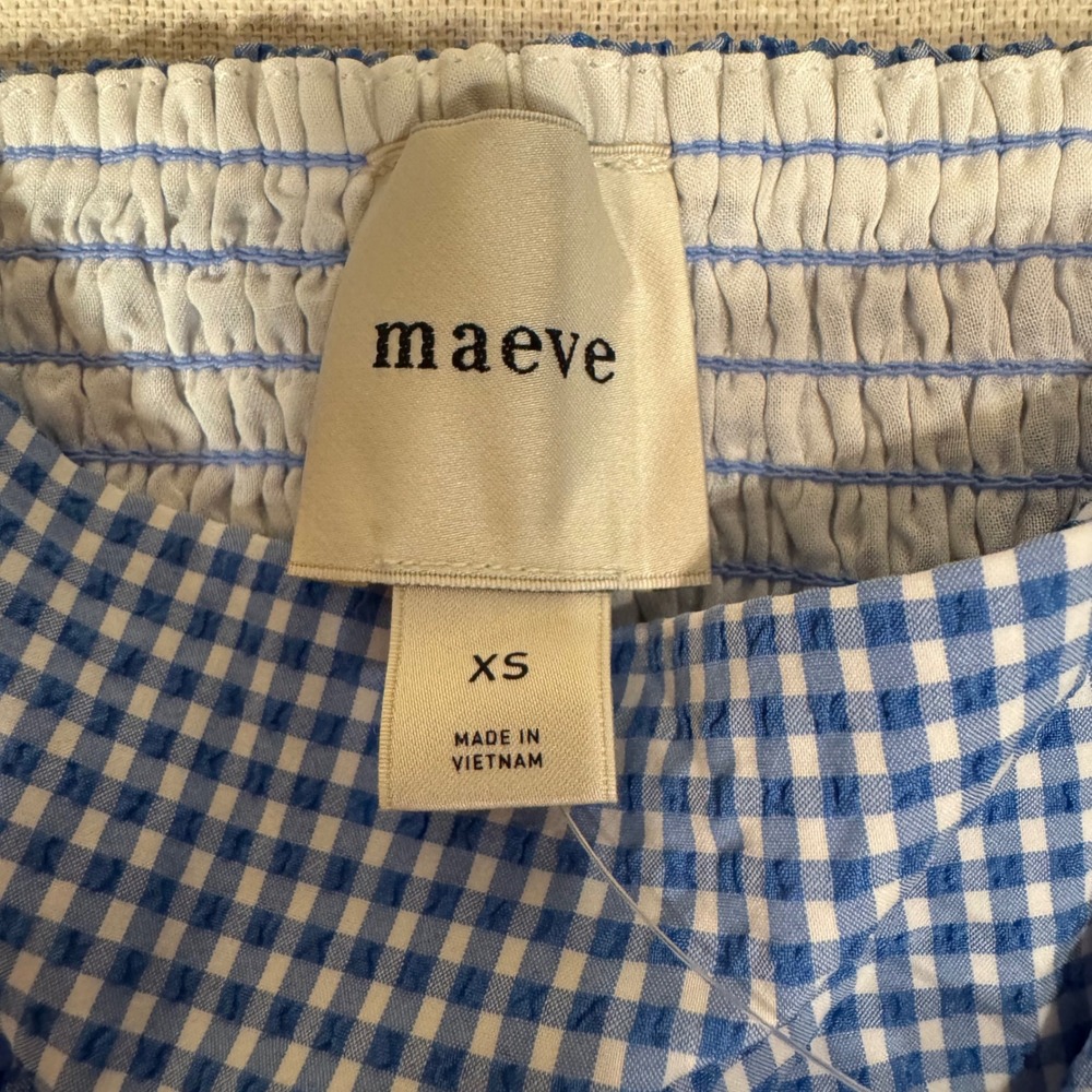 Anthropologie Maeve Blue Gingham Smocked Rosette Mini Dress XS New - Picture 4 of 5